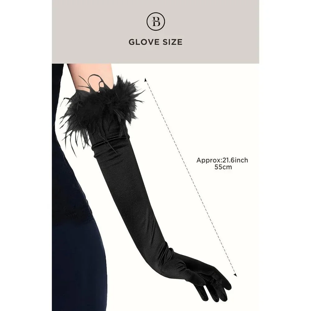 Women's Evening Black Feather Long Satin Gloves Stretchy Elbow Halloween Costume